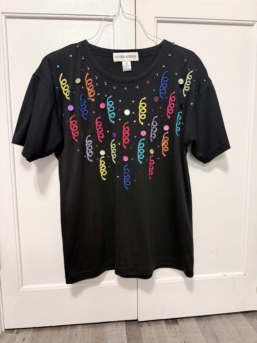 Victoria Harbour Vintage Black T-Shirt with Confetti Appliques and Beading 80s W